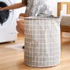 1pc Household Dirty Clothes Basket; Toy Storage Bucket; Plaid Fabric Cotton And Linen Dirty Clothes Basket; Large Foldable Waterproof Storage Basket