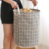 1pc Household Dirty Clothes Basket; Toy Storage Bucket; Plaid Fabric Cotton And Linen Dirty Clothes Basket; Large Foldable Waterproof Storage Basket